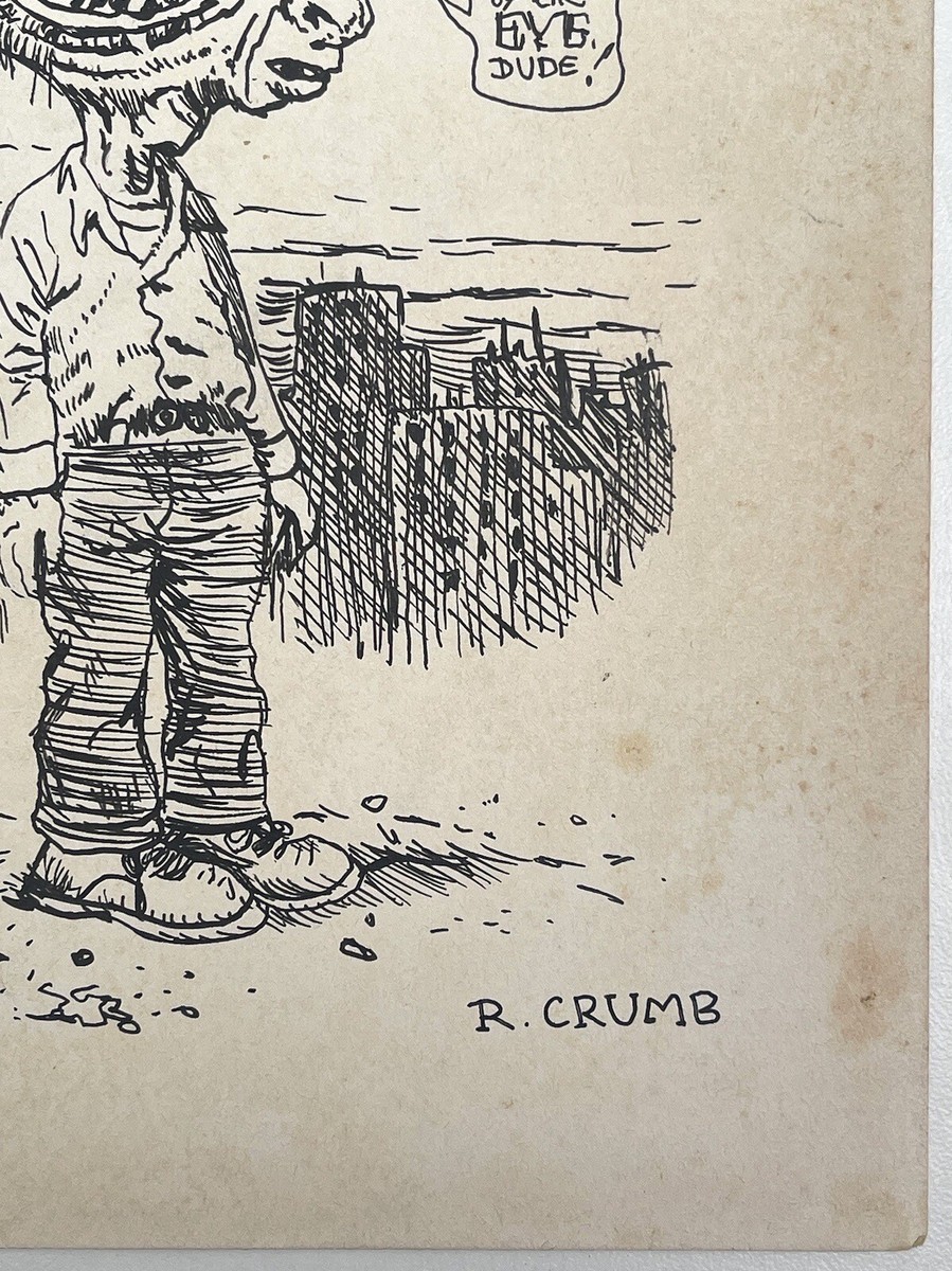 Robert Crumb (Handmade) Drawing On old Paper Signed & Stamped, Vtg