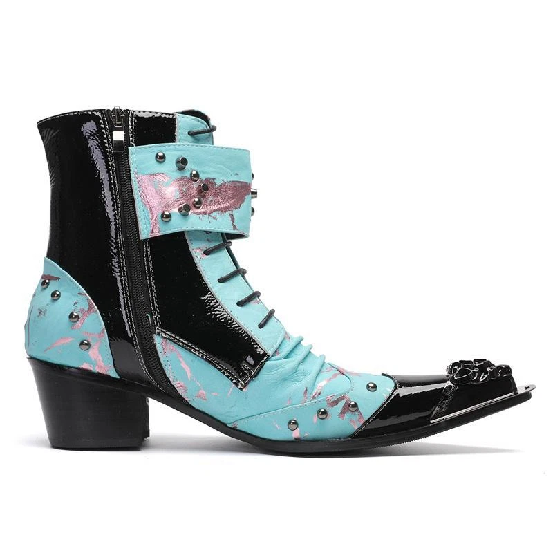 Mens Ankle Boots Buckle Block Heel Metal Point Toe Lace-up Rivet Party Shoes New - Image 2 of 4