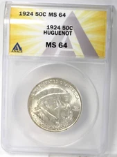 1924 Huguenot Commemorative Half Dollar : ANACS MS64  Blazing White