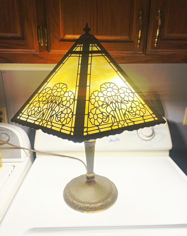 Stained Glass Floral Pyramid Shade Table Lamp, Antique Bronze Pull Chain