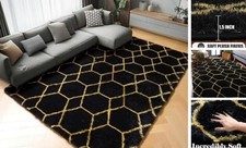 5x8 Rugs for Living Room Bedroom, Fluffy Black and Gold Area Rug, Geometric