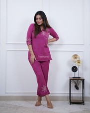 Women's Elegant Solid Cotton Co-ord Set with Side Floral Embroidery