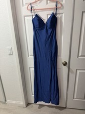 Crystal Doll Blue Solid V-Neck Spaghetti Strap Maxi Dress Lace-Up Back Slit 11