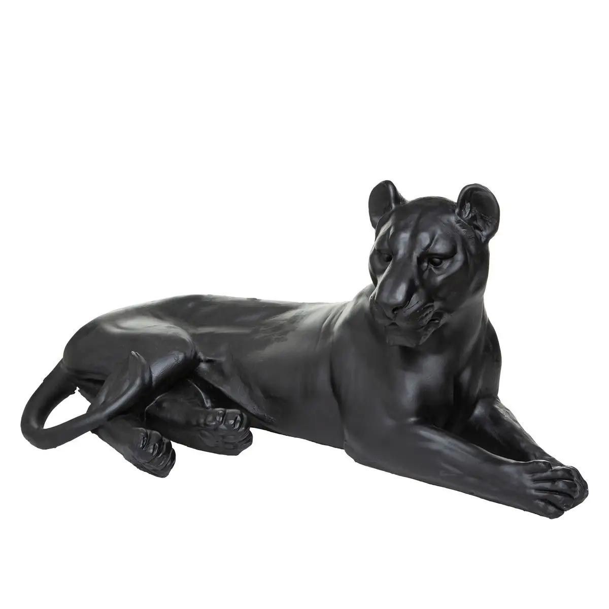 Statuette léopard couché de luxe de 80cm en résine noire mate pour intérieur chic