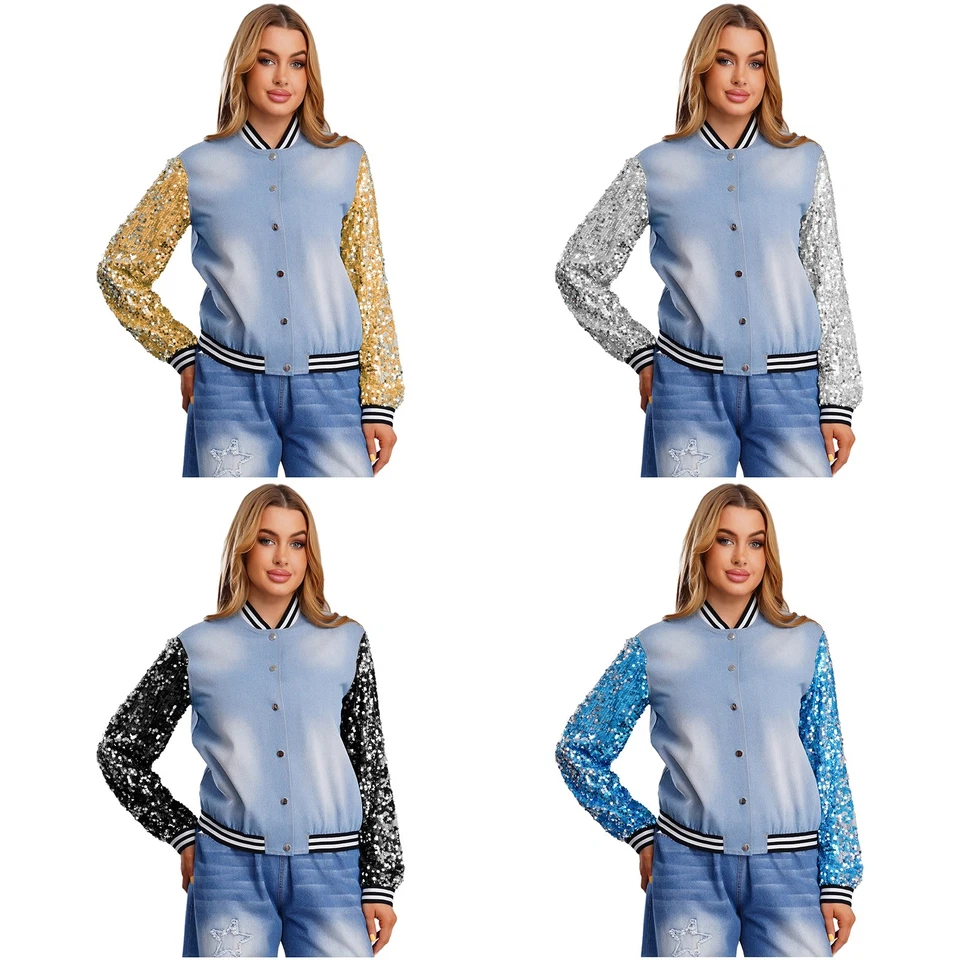 Jaqueta de beisebol feminina jeans lantejoulas brilhantes manga longa frente listrada com botões - Imagem 2 de 3