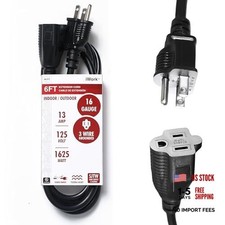6ft Black Extension Cord, 16/3 SJTW Heavy-Duty, 3-Prong Grounded Plug, 6-Foot