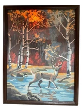1970’s Craft Master PAINT BY NUMBER Oil Cool Seasons Deer Painting Lights Up