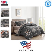 7 Pieces Bed in a Bag Queen Comforter Set with Sheets, Dark Grey Floral Desig...