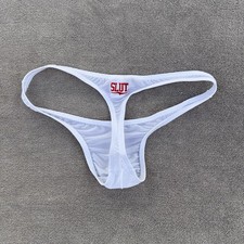 H.E.Arts silicone SLUT logo custom Print Mens White nylon thong underwear