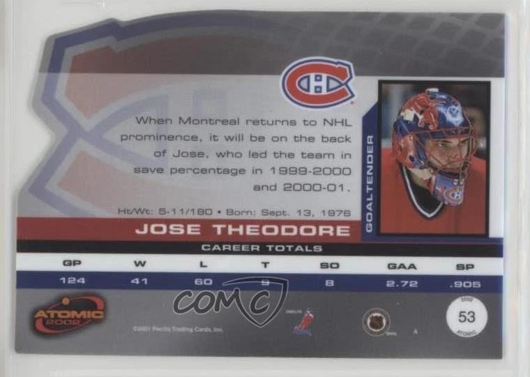 2001-02 Pacific Atomic Jose Theodore #53 - Image 2 of 2