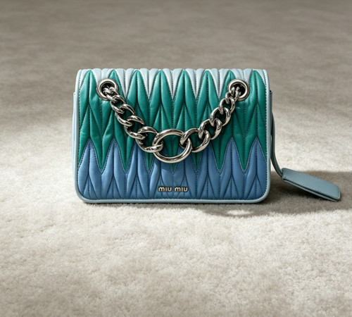 Miu Miu Matelassé Flap Shoulder Bag Two‑Tone Blue Green Leather Authentic