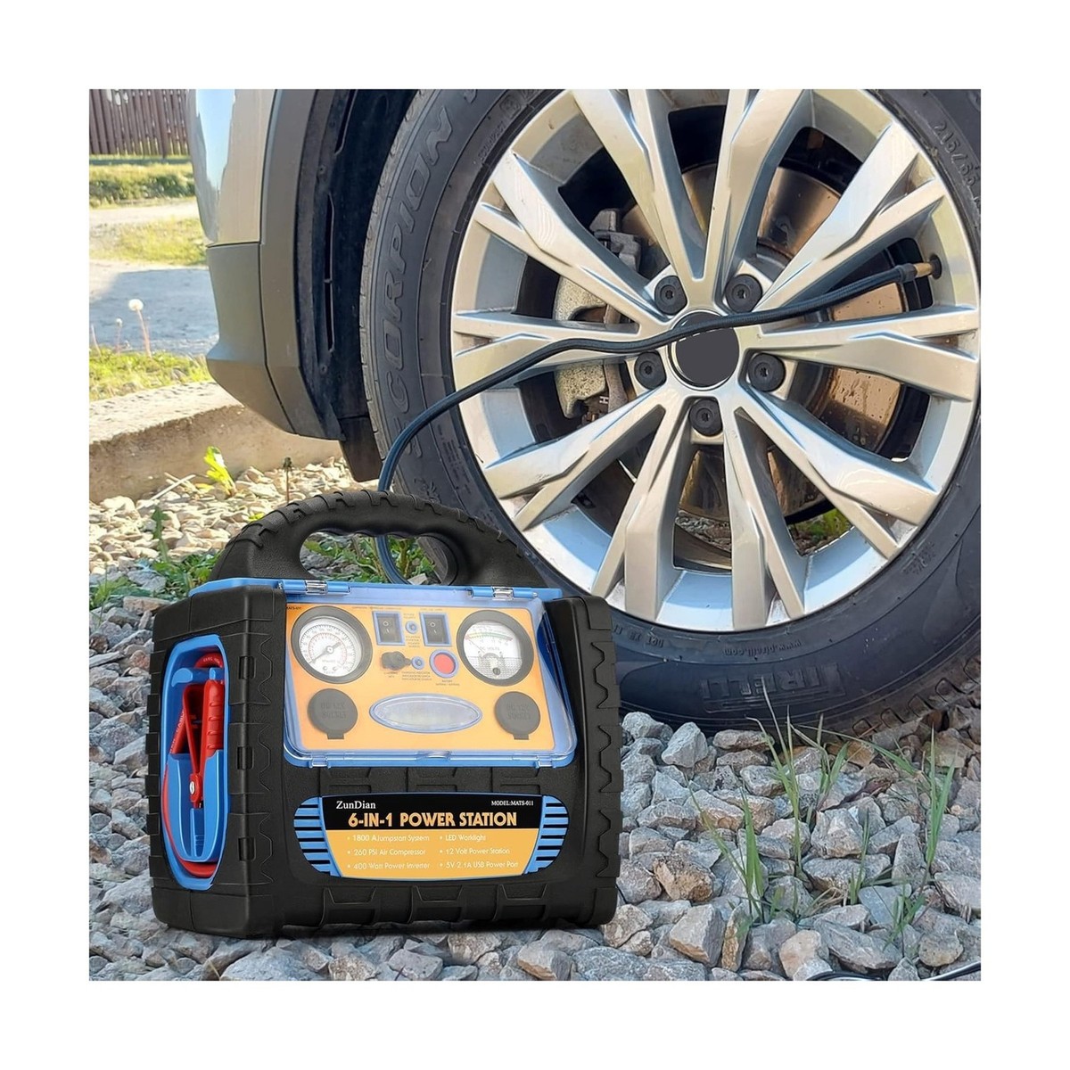 6-in-1 1800 Amp Jump Starter with Air Compressor 260PSI Tire