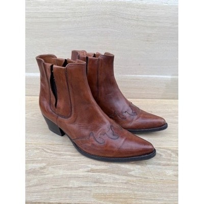 Navy Boot Tan Leather Western Ankle Boots Brown Pointed Toe Italy Size 41 US 10