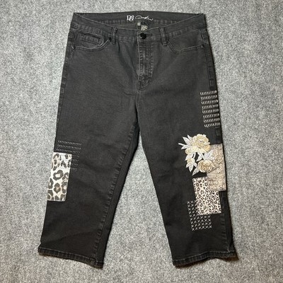 Diane Gilman DG2 Black 14 Petite Stretch Leopard Embroidered Cropped Jeans