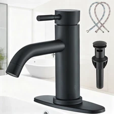 Modern Black Single Handle Bathroom Sink Faucet 3 Holes Vanity Mixer Tap w/Drain