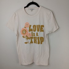 Junk Food T-Shirt Women's Size Large Tan Raw Edge Floral USA Made Novelty Whimsy