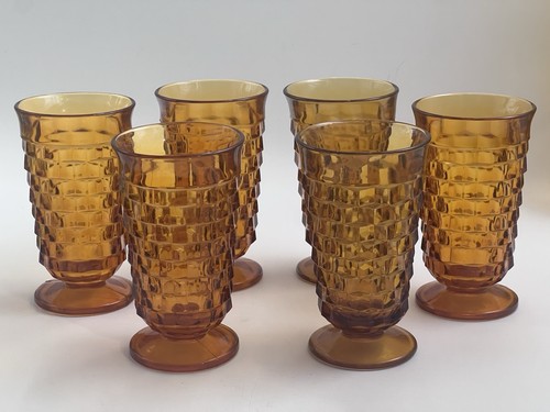 6 Indiana Amber Glass 6" Colony Whitehall Cubist Footed Tumblers Vintage MCM