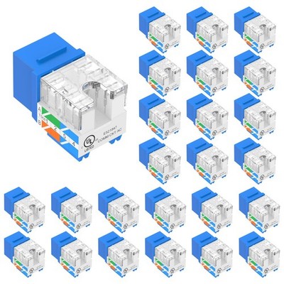 VCE UL Listed 10Gbps Cat6 Keystone Jack Insert 25-Pack, 90 Degree Punch Blue