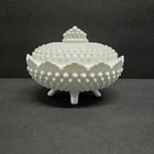Vintage Fenton Oval 4 Footed White Hobnail Milk Glass Lidded Covered Candy Dish