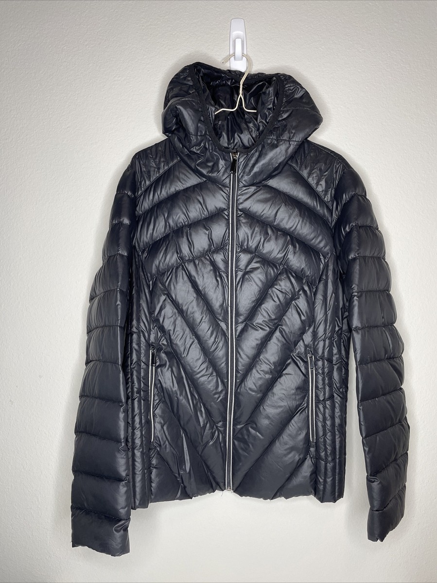 BCBGeneration Ultra Lightweight Packable Down Black Hooded Puffer Jacket  Women L