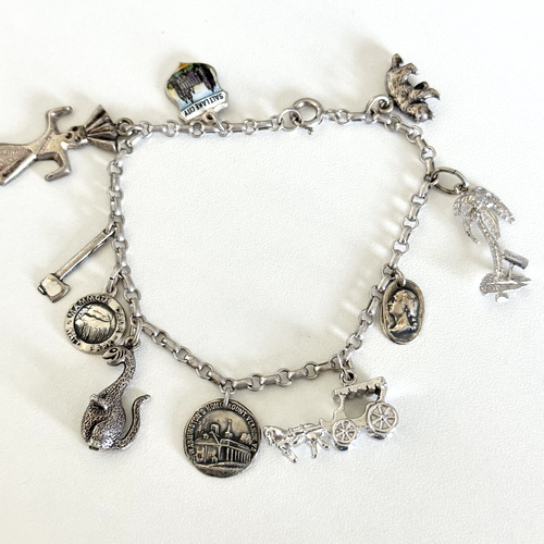 Vintage 925 Sterling Silver 10 Charms Loaded Travel Animal Charm Bracelet 7"