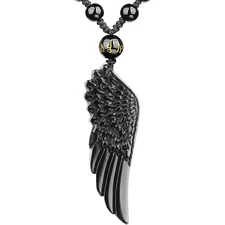 Natural gold silver black Obsidian angel wing Necklace Pendant adjustable Chain