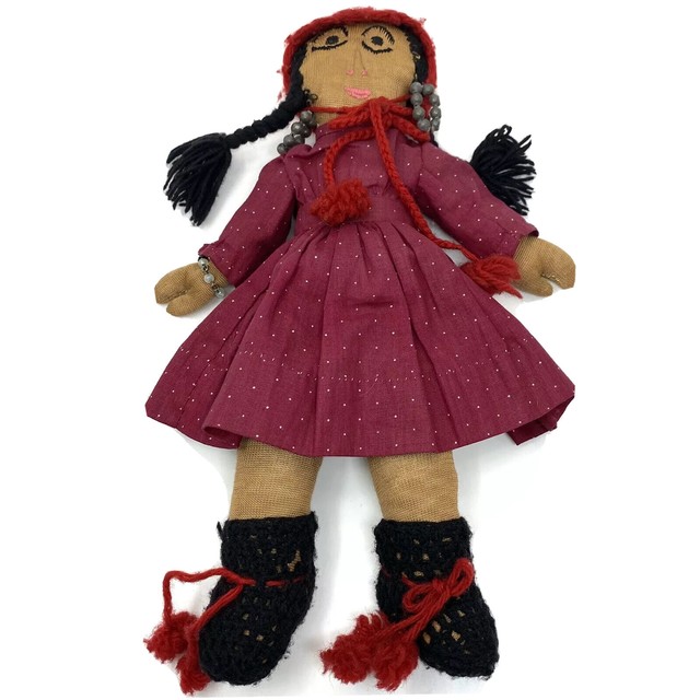 Vtg 1940s DOLL Cloth Rag Doll BRAIDS Prairie Embroidered Face Handmade