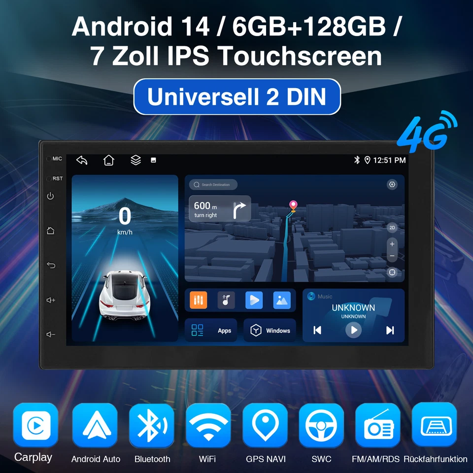 7" Doppel 2 Din Autoradio 4G 6+128G Bluetooth Carpaly USB Android 14 DAB+ Kamera - Bild 2 von 4