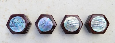 FOUR SMALL HEXAGONAL WOODEN LIDDED JEWELLERY BOXES MOTHER OF PEARL DECORATION