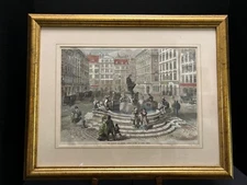 Vintage Vienna Austria Colored Etching Framed Unsigned Neumarket Fountain 15x18"