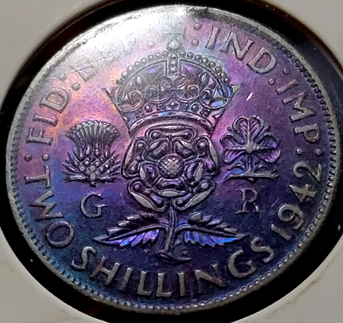 1942 England 2 Shillings BU GEM RAINBOW TONING RARE 50% Silver King George - Picture 2 of 2