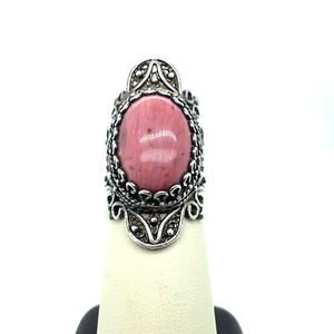 Vintage Turkish Sterling Silver Rhodonite Ring Ornate Filigree Size 5.5 Estate