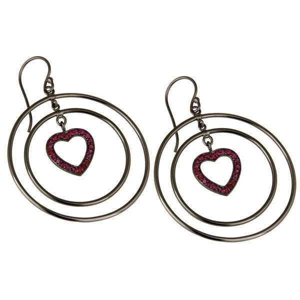 Oxidized Sterling Silver Pave Set Ruby Heart Design Multi Circle Dangle Earrings - Image 2 of 4