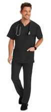 2 Men's Scrub Sets: Matthew V-Neck Solid Top Ryan Slim Pant, Black, Medium