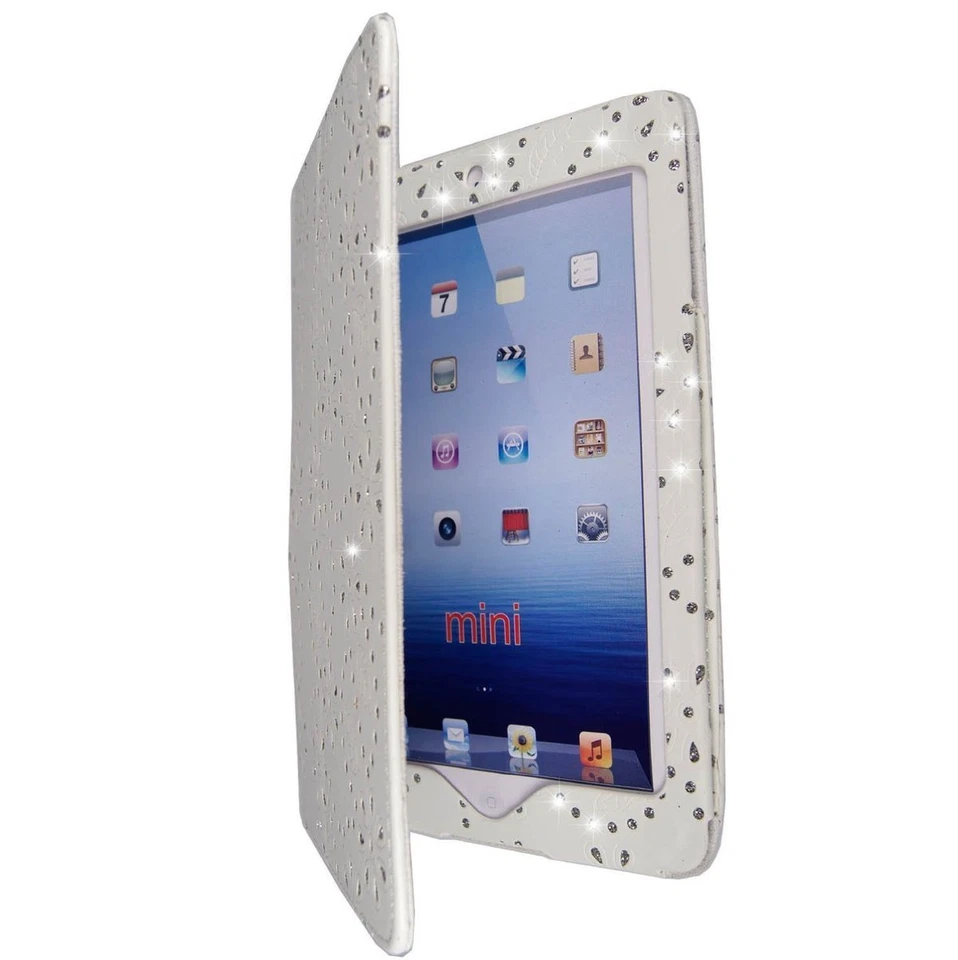CASE FOR APPLE IPAD MINI WHITE DIAMOND BLING GLITTER PRINT PU LEATHER COVER  - Image 3 of 4