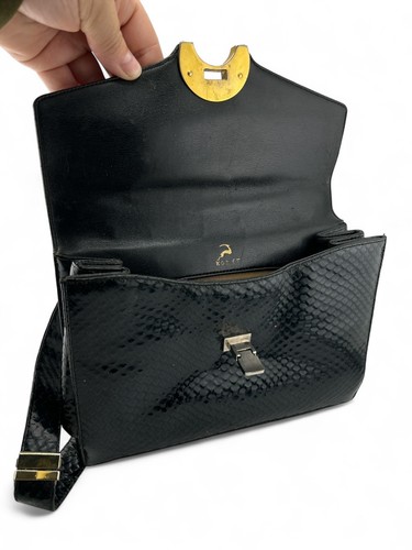 Vintage 1950s Koret Black Patent Leather Faux Snakeskin Handbag Purse Gold Metal - Picture 5 of 7