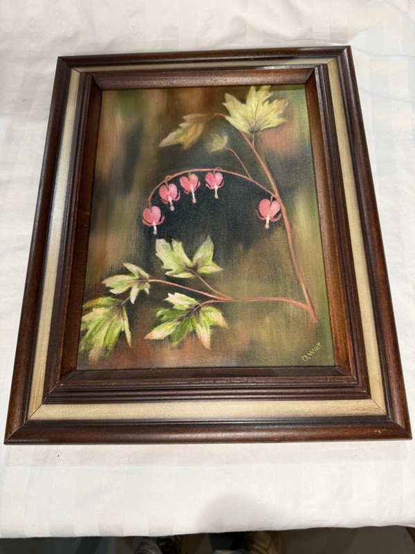 Vtg Original Floral Oil Painting Stretched Canvas Bleeding Hearts Signed Framed
