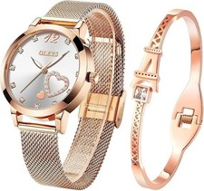 Set de regalo de reloj de mujer con pulsera de oro rosa sencillo y fino US NUEVO