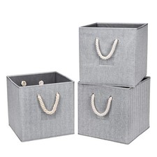 Cube Storage Bins,Grey Fabric Foldable Storage Bins,Set of 3 Stroage Boxes wi...