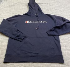 Champion Hoodie Mens Large Navy Blue Pullover Sweatshirt Fleece Script Logo