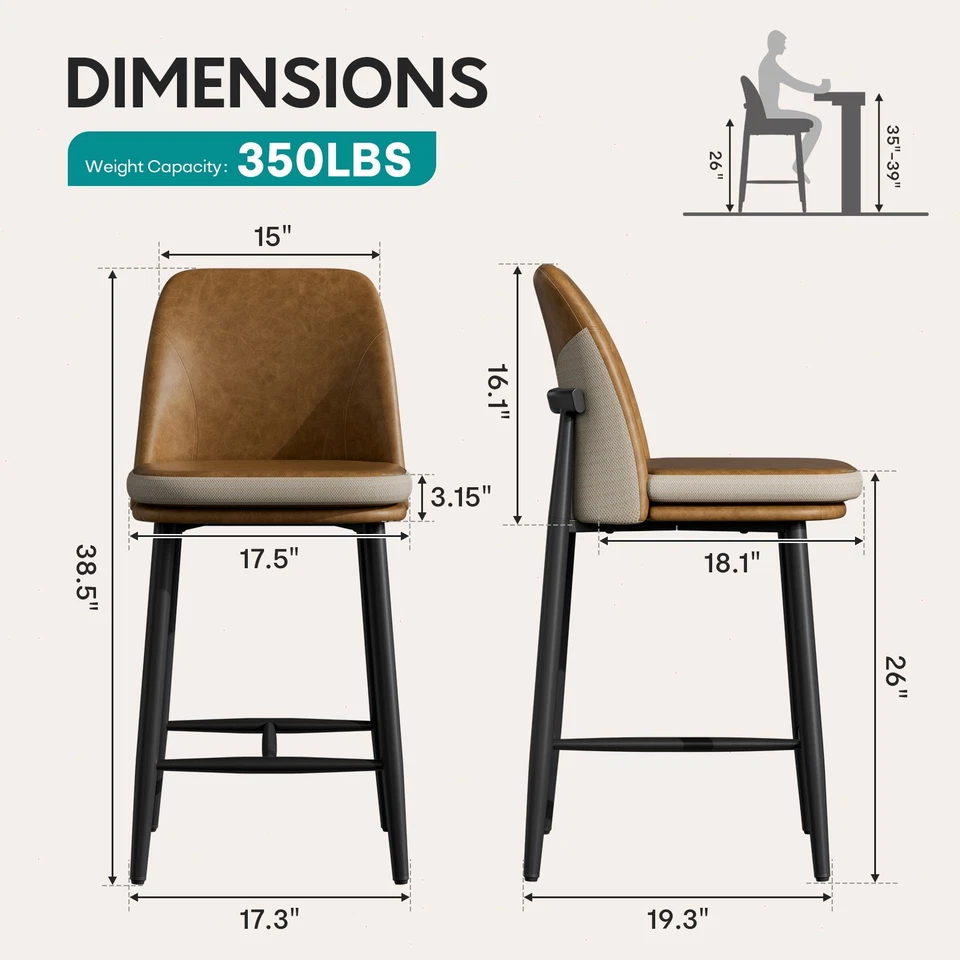 Set of 2/4/6 Bar Stools 26in Counter Height  Back Upholstered Cushions Kitchen - Image 2 of 4