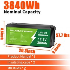 12V 300Ah LiFePO4 Lithium Battery Deep Cycle Built-in BMS for RV Solar Off-grid