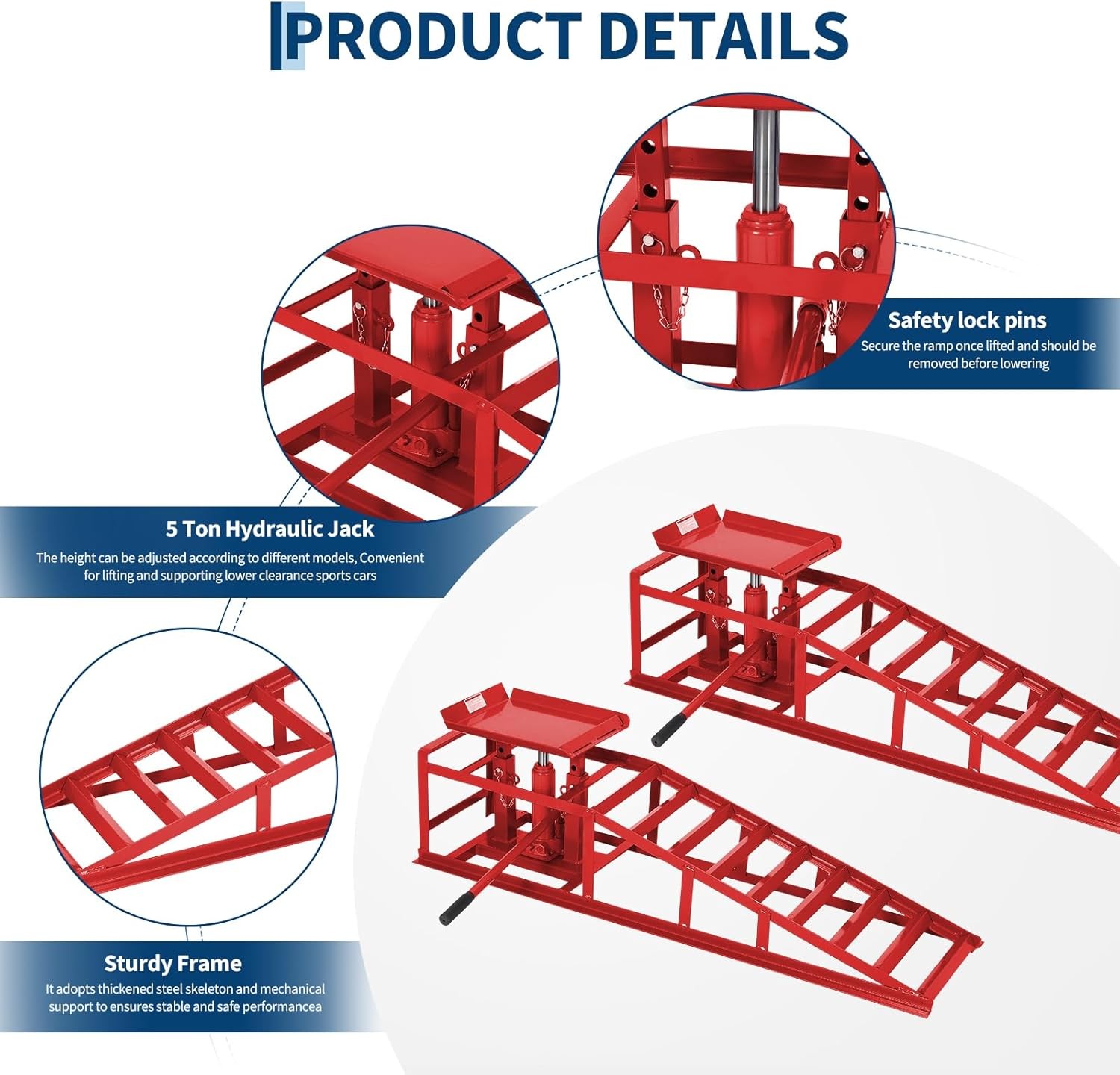 GARVEE 10,000 lbs Hydraulic Car Ramps, Adjustable 9.4"-13.34", Red Steel Pair