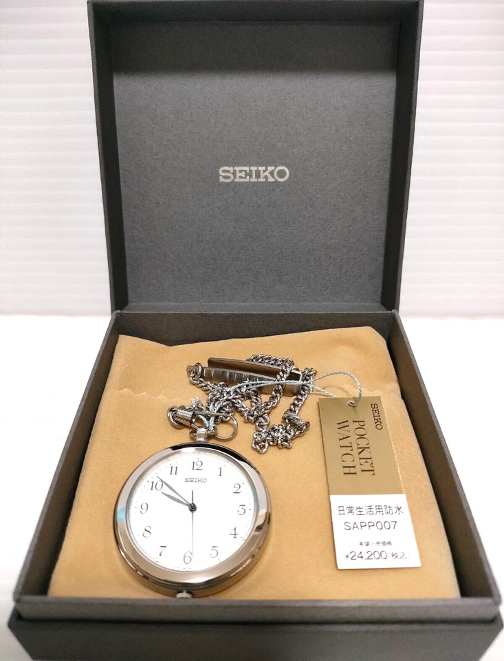 SEIKO SAPP007 Taschenuhr mit silberner Gehäusekette aus Japan 2019, weißes...
