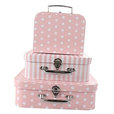  Set of 3 Paperboard Suitcases Storage Box S+M+L Pink Dots and Stripes