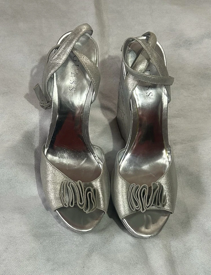 Guess Women’s Wedge Heel Shoes Size 8M Ladies High Heels Silver Block Sling Back - Image 2 of 4