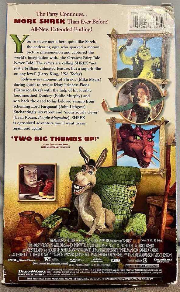 Shrek (VHS, 2001) Special Edition Videocassette Eddie Murphy Mike Myers Donkey - Image 2 of 2