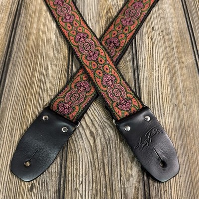Henry Heller Guitar Strap 2'' Jacquard Red Green Leather Woven Nylon Bass Retro