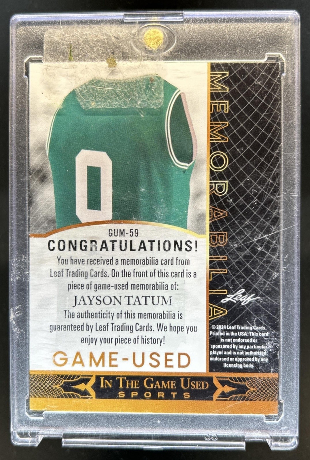 2024 Leaf In The Sports Jayson Tatum Memorabilia Platinum Game Used Jersey #59 view 2