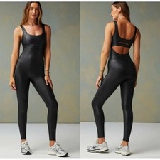 110 NWT Fabletics Motion365 Khloe Kardashian Black Coated Open Back Jumpsuit